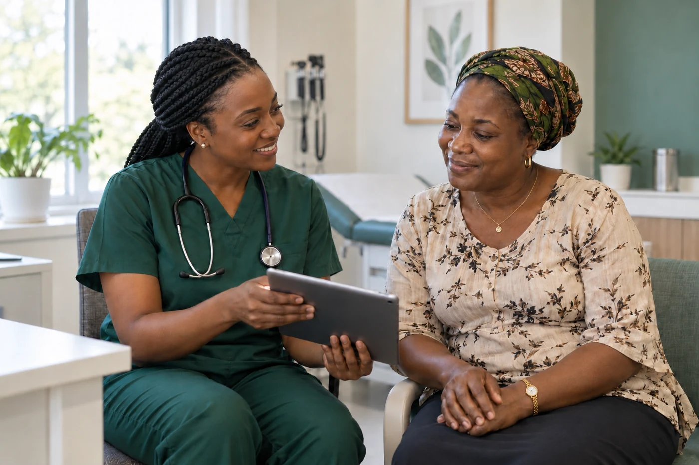 A smiling nurse using a tablet during a conversation with a patient in a hospital